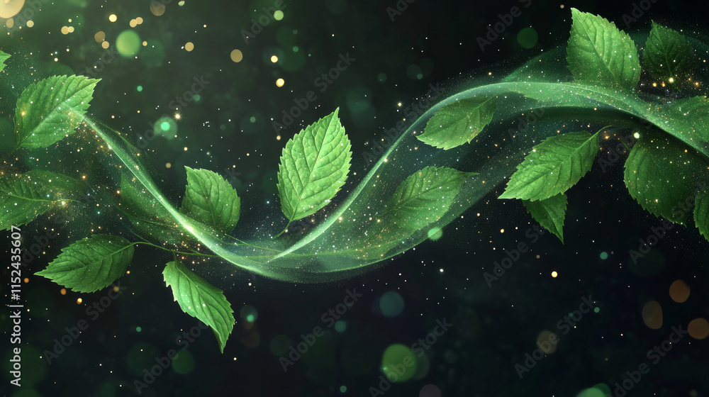 Poster abstract wind swirls with green leaves and sparkles isolated on transparent background. vector reali