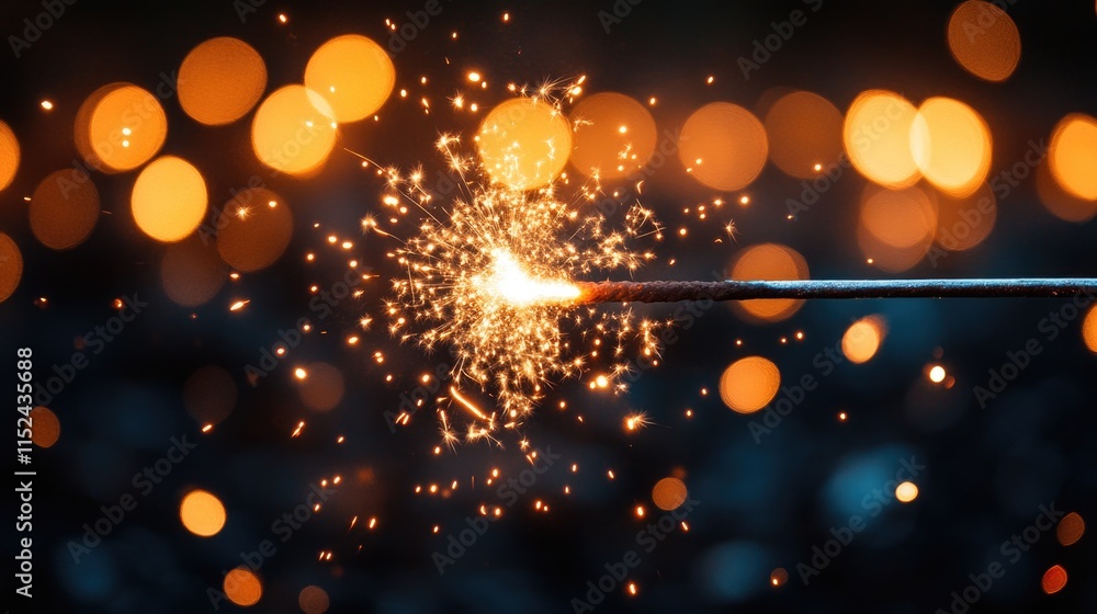 Poster close-up shot of a sparkler on a string, ideal for use in party or celebration scenes