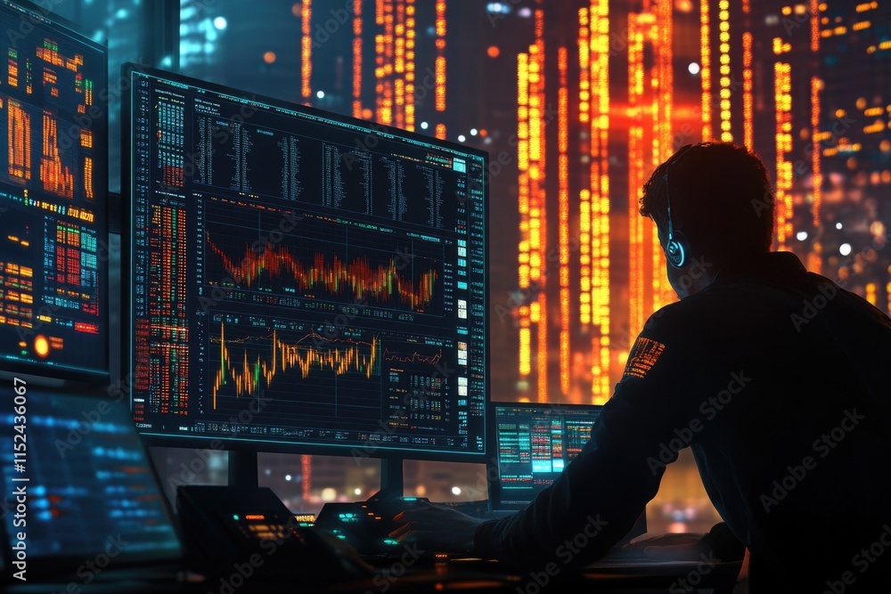 Poster a person sitting in front of a computer screen with a focused expression