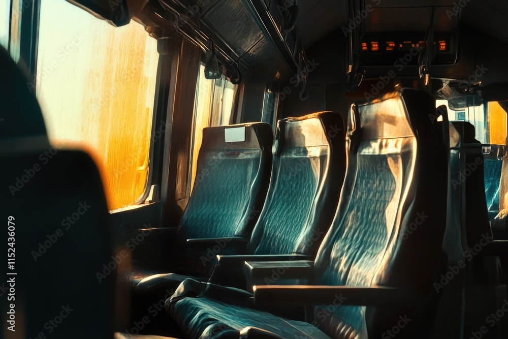 Poster A train carriage with empty seats and sunlight streaming in through the window