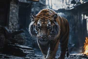 A tiger approaching a burning flame, possibly seeking warmth or hunting prey