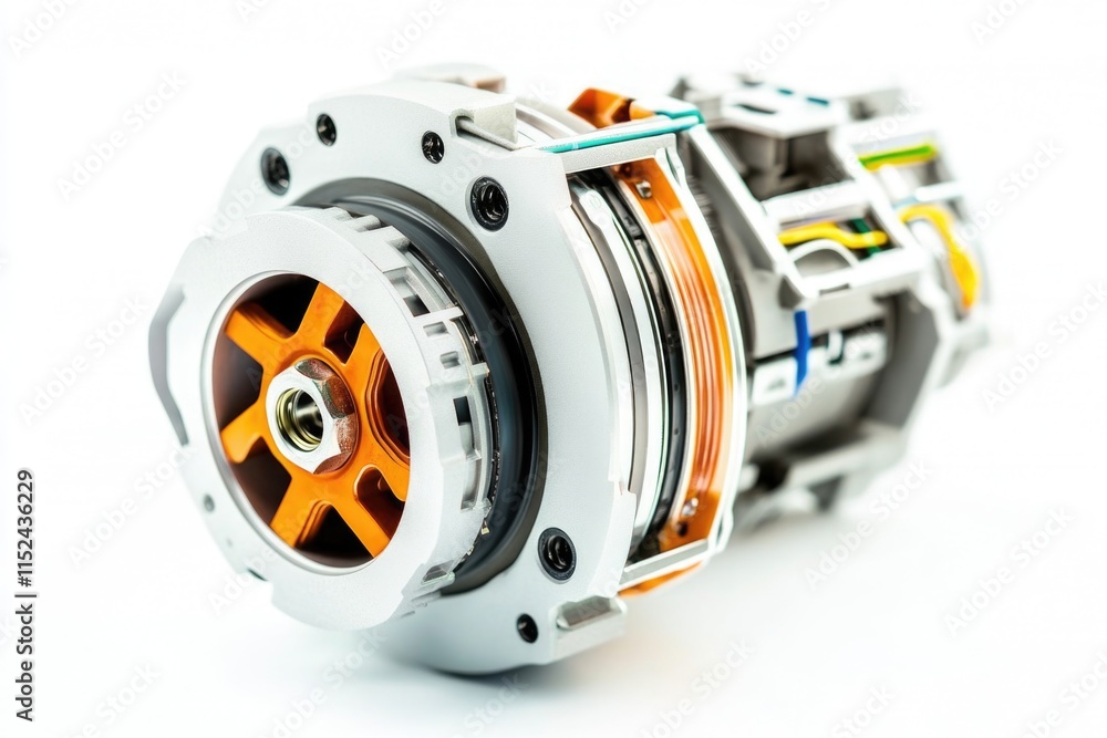 Poster a detailed view of a motor on a white background