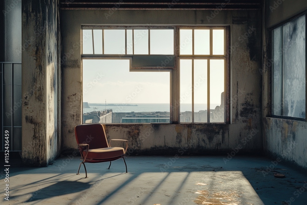 Poster A single red chair placed in front of a window with natural light and possibly an outdoor view