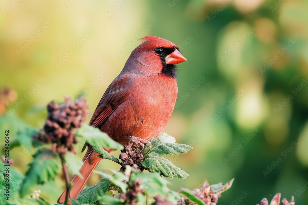 Poster a red bird sits atop a tree branch, waiting or observing
