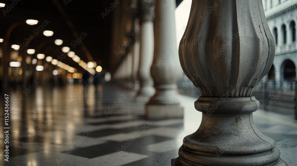 Poster a black and white checkered floor with columns, perfect for use in interior design or architecture p