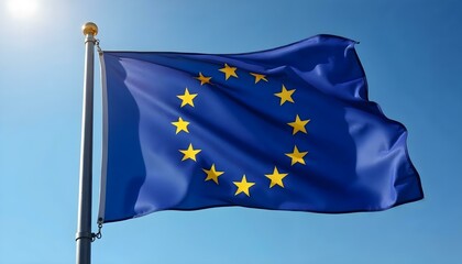 European Union Flag with Twelve Golden Stars Fluttering Under Soft Sunlight