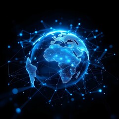 Futuristic cityscape, glowing holographic Earth