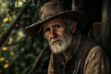 Obraz premium An elderly gentleman wearing a hat and holding a knife, likely for hunting or self-defense