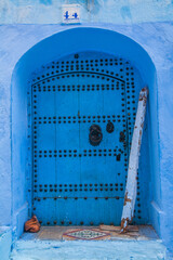 vibrant blue arched wooden door with decorative studs and a knocker, set within a matching blue wall with a number plaque above