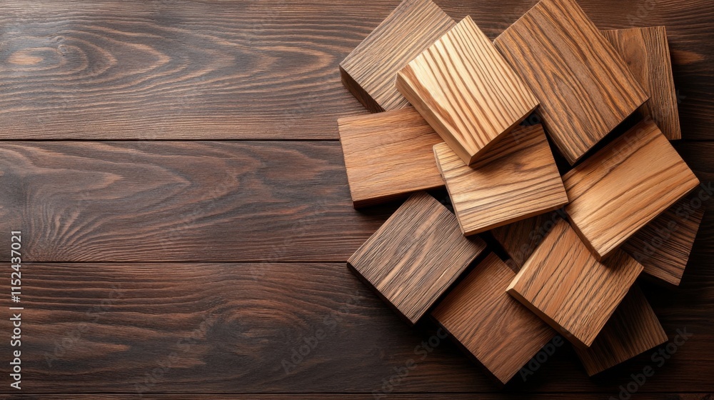 Poster close-up view of wood blocks stacked on dark wooden surface with rich texture and natural patterns