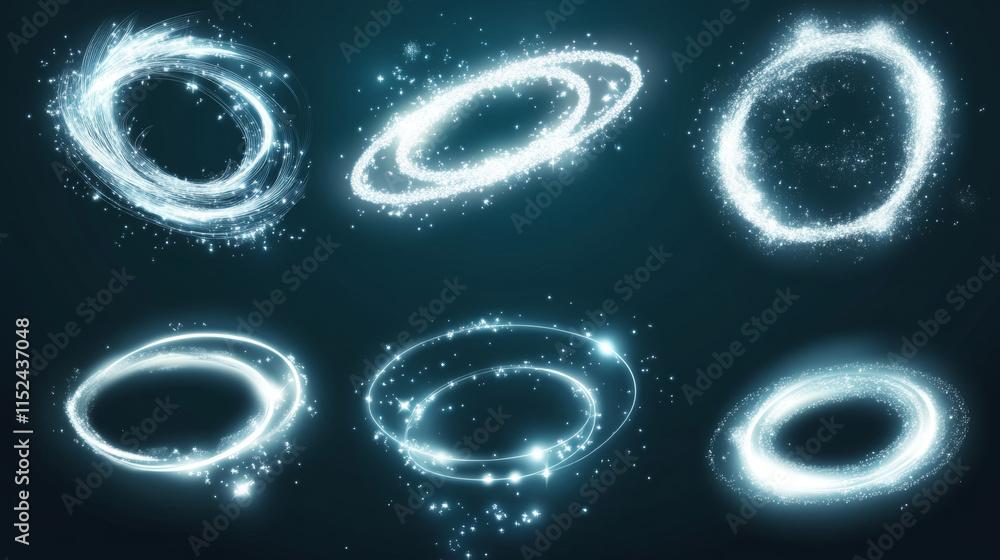 Poster light circles with sparkles, magic glow effect. vector realistic set of white shiny rings and swirls