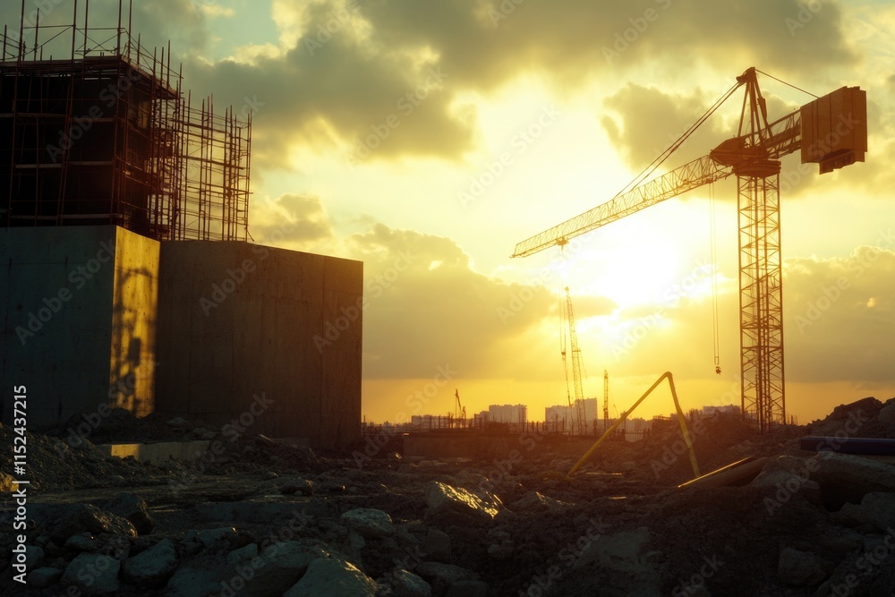 Poster a construction site at sunset with a crane in the foreground, suitable for architecture or industry 