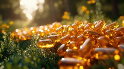 A collection of pills arranged on a vibrant green field