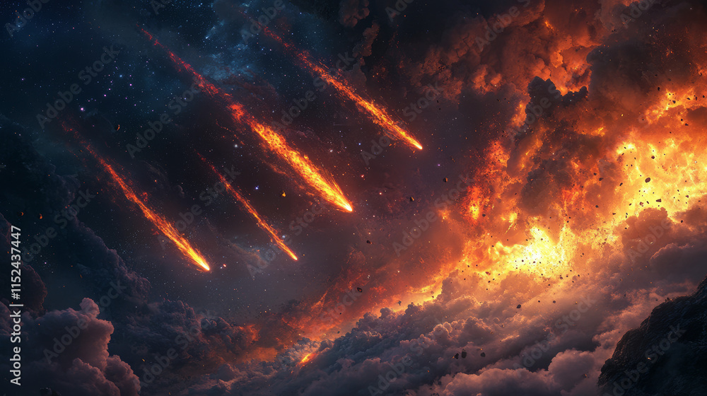 Aufkleber asteroid or comet stone falling on high speed with fire trail in dark sky. cartoon vector illustrati
