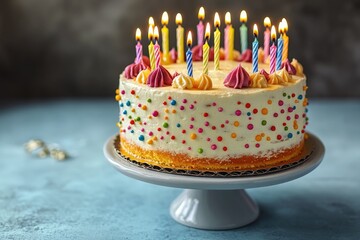 A classic birthday cake with lit candles on top