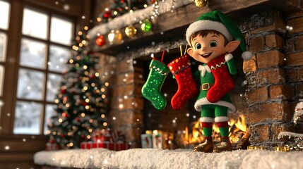 Christmas Elf Holding Stockings By Fireplace