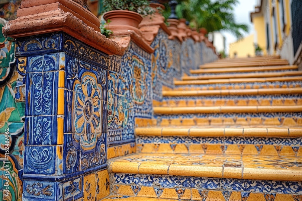Poster a set of colorful steps with yellow and blue tiles