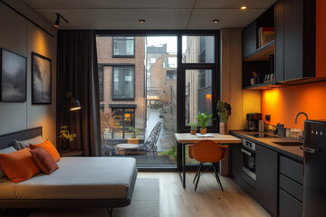 Photographie intérieure d’un studio étudiant optimisé et contemporain, avec un lit mezzanine, un bureau intégré et une kitchenette compacte, idéal pour une vie fonctionnelle dans un espace restreint