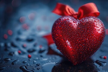 Fototapeta premium A simple yet striking image of a red heart adorned with a bow on a black background