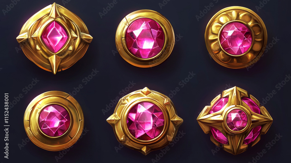 Poster magic game button set. golden frames with geometric ornaments, pink gemstones, glossy metallic surfa