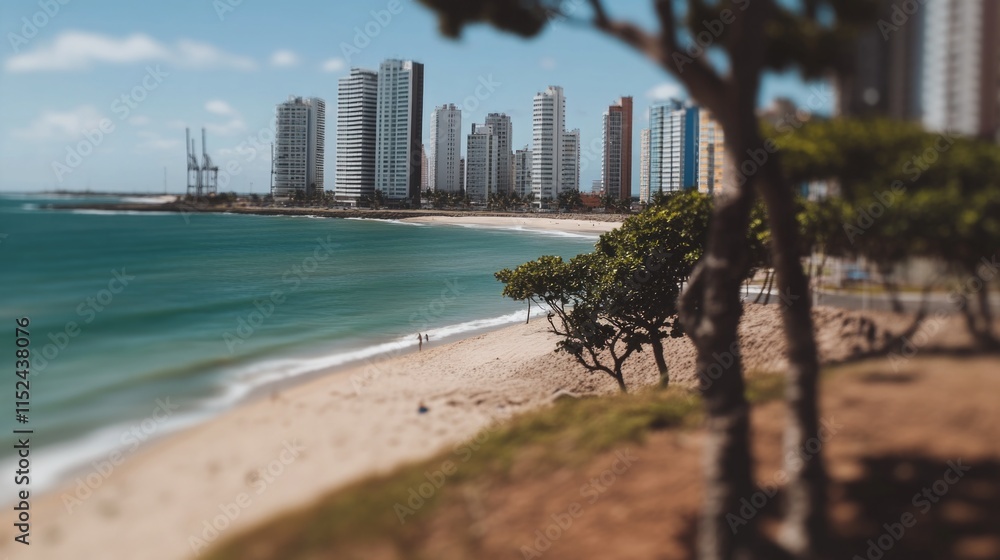 Poster beach scene with buildings and palm trees