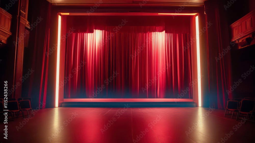 Poster empty theater stage with red curtains and dramatic uplighting ready for an evening performance