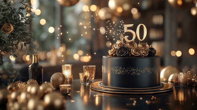 Elegant black and gold 50th birthday cake with sparkles.