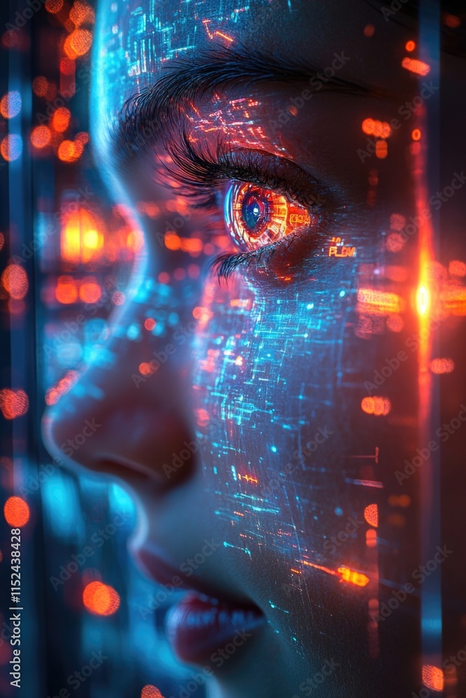 Poster a detailed shot of a person's face featuring a futuristic design, perfect for use in science fiction