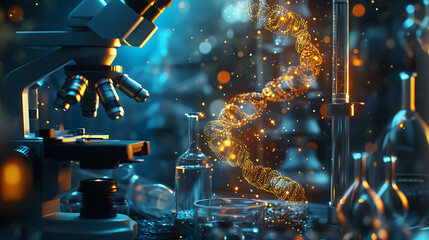 Genetic Research: Microscope, DNA, and Lab Equipment