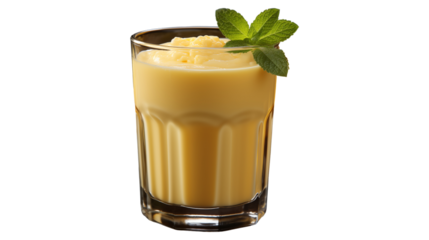 Traditional mango lassi served cold, combining the sweetness of mango with creamy yogurt, studio view, isolated on transparent background.
