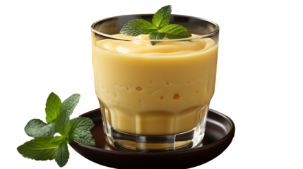 Chilled mango lassi in a glass, a sweet and tangy traditional Indian summer drink enriched with yogurt, studio view, isolated on transparent background.