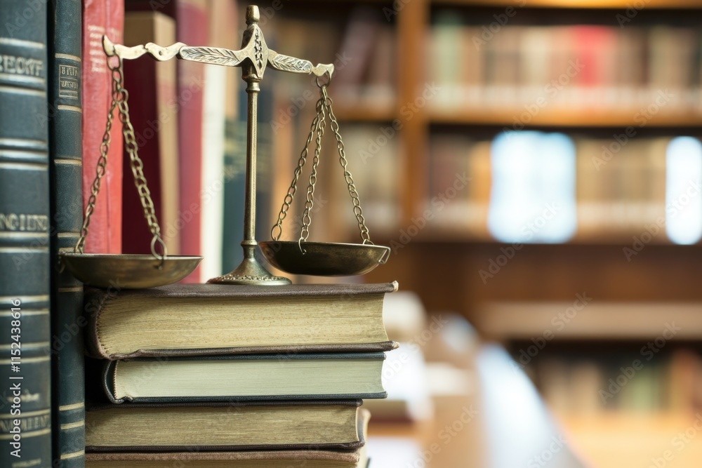 Poster a scale of justice sitting on top of a stack of books, symbolizing fairness and law