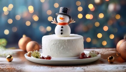 Beautifully decorated festive snowman holiday cake with a shallow depth of field