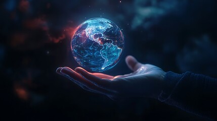 Hand illuminating glowing hologram earth with radiant energy image