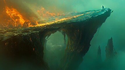 The Burning Edge of Eternity: A solitary figure stands on a fiery precipice overlooking a mysterious teal abyss, a breathtaking and surreal landscape of otherworldly rock formations and burning skies.