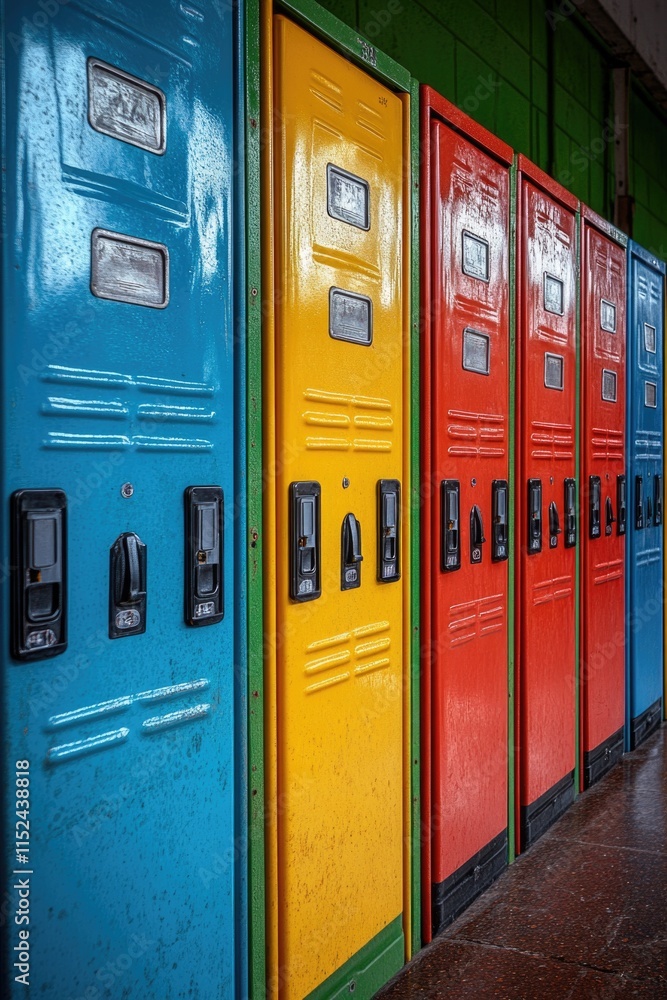 Aufkleber a row of bright lockers in a building with various colors and designs