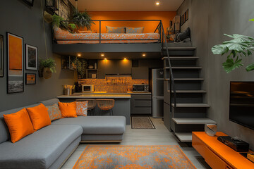 Photographie intérieure d’un studio étudiant optimisé et contemporain, avec un lit mezzanine, un bureau intégré et une kitchenette compacte, idéal pour une vie fonctionnelle dans un espace restreint