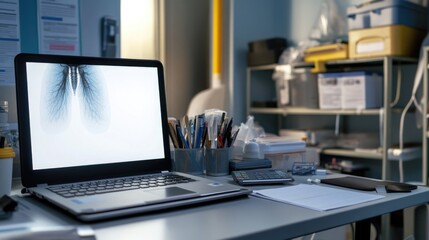 A laptop computer is placed on a desk
