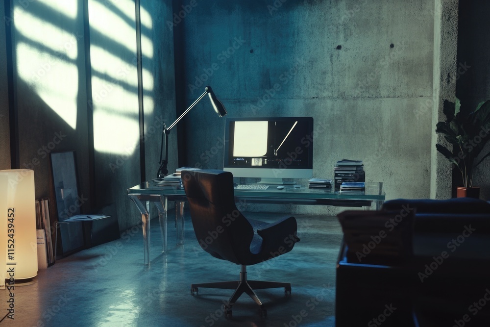 Poster a typical office setting with a desk, chair, and computer monitor