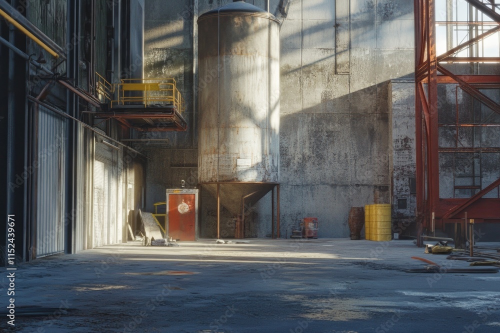Poster a large industrial building complex with many windows