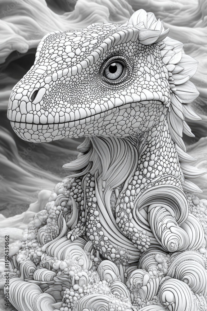 Poster a simple yet detailed depiction of a dragon in black and white, suitable for use as an icon or in de