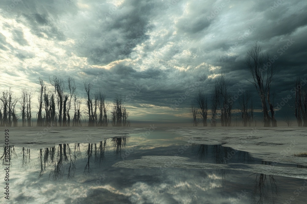 Poster A serene lake scene with trees reflected in the calm waters, suitable for use as a backdrop or landscape element