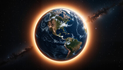 Fototapeta premium Stunning View of Earth from Space with Glowing Halo Showcasing Americas