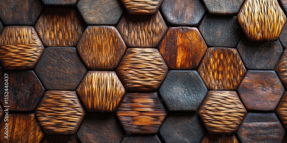 Poster A detailed view of a wall composed of wooden hexagons, suitable for use in architectural or design context