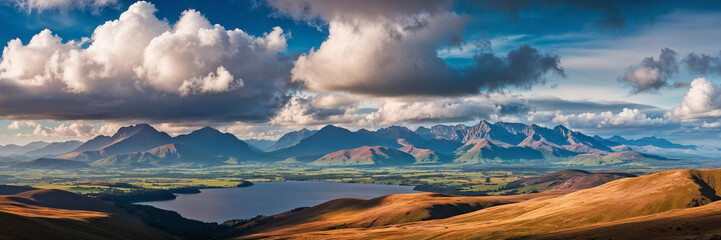 Landscape scenery nature panorama valley horizon clouds sky mountains hills lake aesthetic beautiful colorful travel photo banner wallpaper background