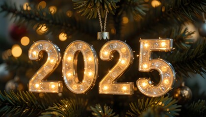 Lighted Number 2025 Ornament Hanging on a Christmas Tree: A Festive and Joyful Decoration Symbolizing the Start of the New Year, Illuminated with Warm Lights and Surrounded by Holiday Cheer