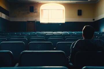 Naklejka premium A person sitting alone in a room filled with rows of chairs, great for illustrating solitude or contemplation