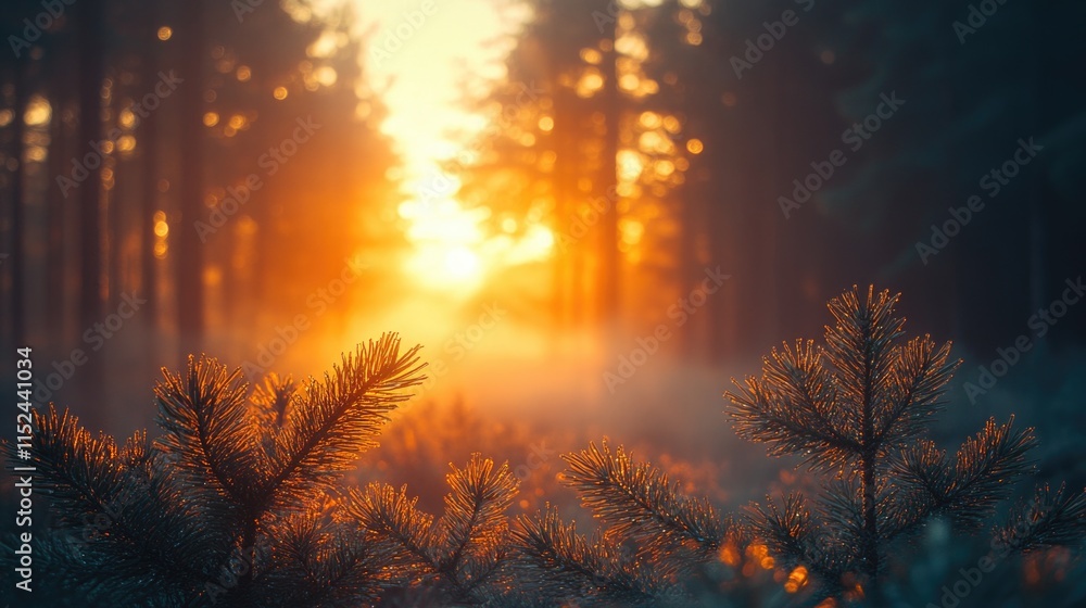 Poster a serene image of sunlight streaming through the trees in a forest, suggesting a peaceful atmosphere