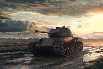 A military vehicle stuck in mud, possibly abandoned or broken down