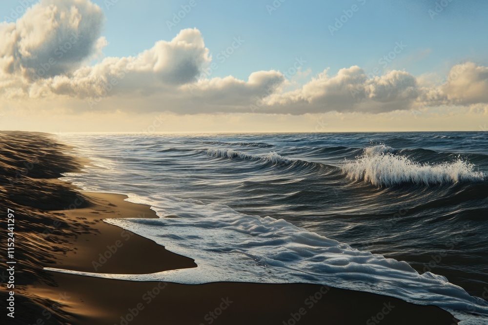 Poster a serene scene of the ocean from a sandy beach, perfect for use in travel or nature-related projects